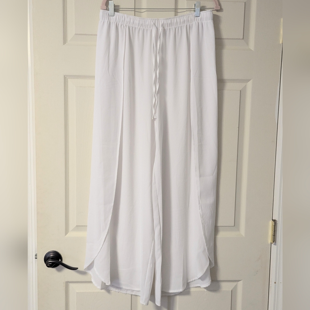 Freshwater Beach Tulip Pant Cover Palazo Flowy Split Hem Sheer Breezy Wide Leg